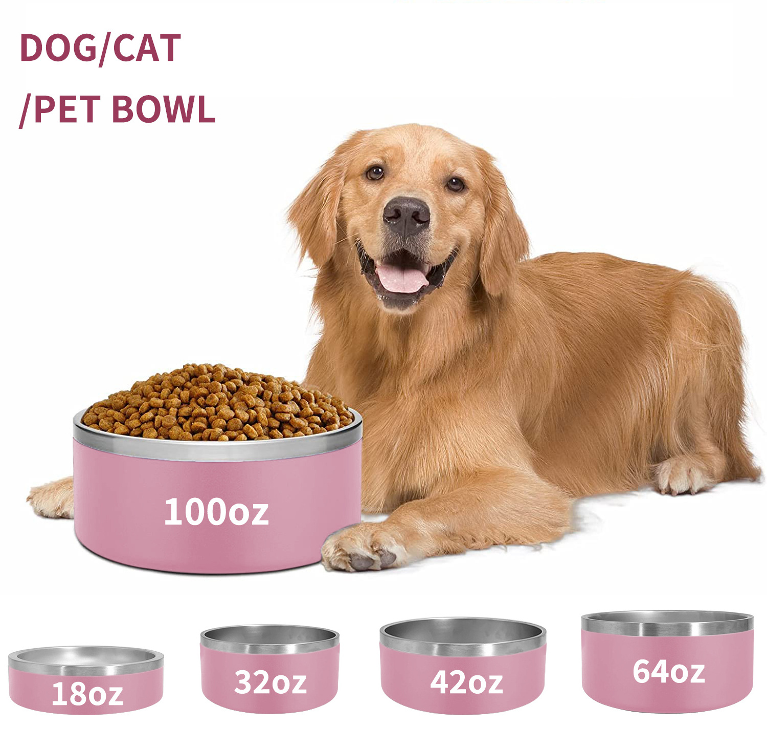 Travel Pet Bowl Bottle Metal Rounded Dog Bowls Double Wall Cats Food Water Dish Feed Bowl Stainless Steel Outdoor 32 Ounce 64 Oz