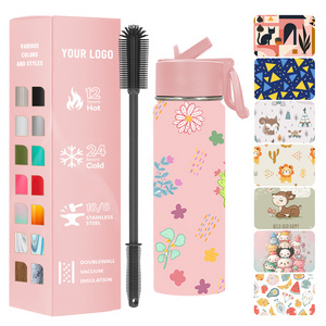 Insulated Kids Double Wall Stainless Steel Water Bottle Cute Vacuum Thermos Flask Bottle Metal Drinking Travel Sports with Straw