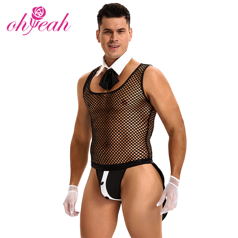 Private label transparent 4Pcs waiter lingerie role play sexy costume for men sexy butler mature mens sexy underwear lingerie