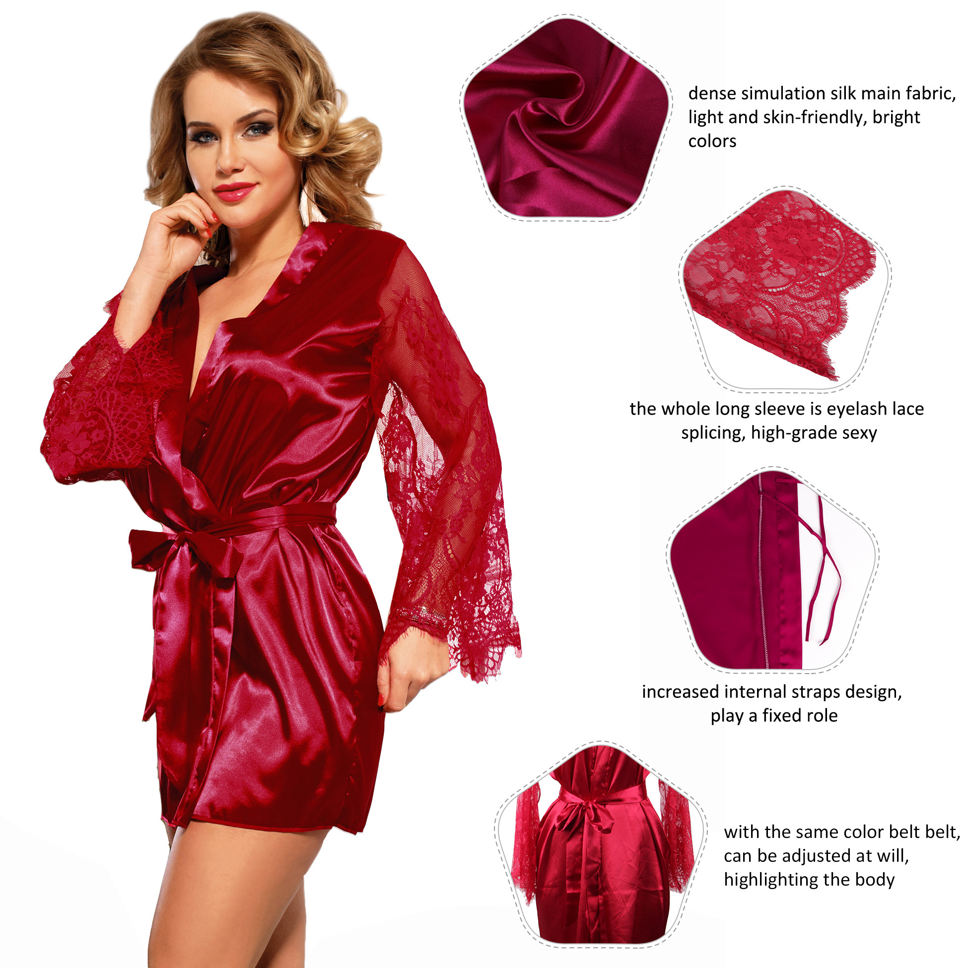 Wholesale Plus Size Femme Mujer Floral Lace Satin Women Silk Robe Sexy Femme Kimono With Box