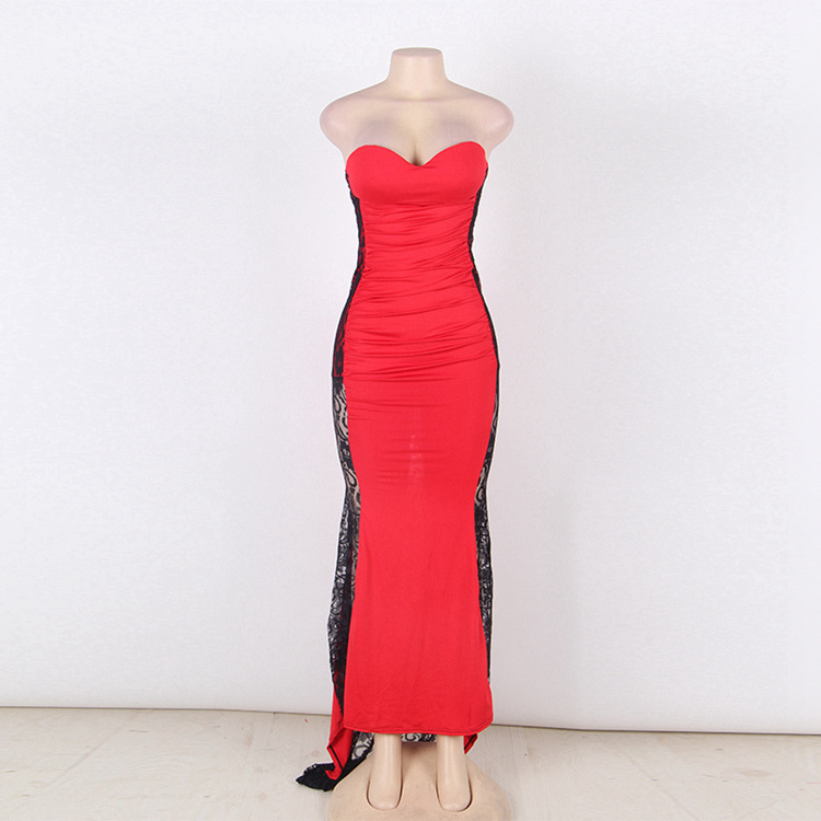 Wholesale Fashion Elegant Long Strapless Ruffle Floral Red Prom Dresses for Women