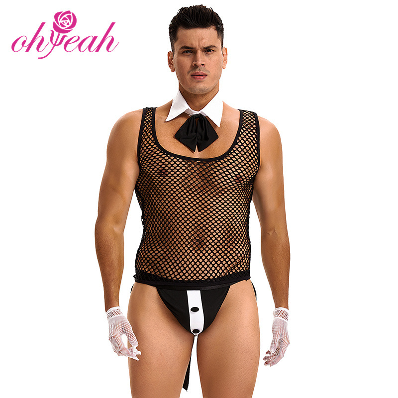 Private label transparent 4Pcs waiter lingerie role play sexy costume for men sexy butler mature mens sexy underwear lingerie