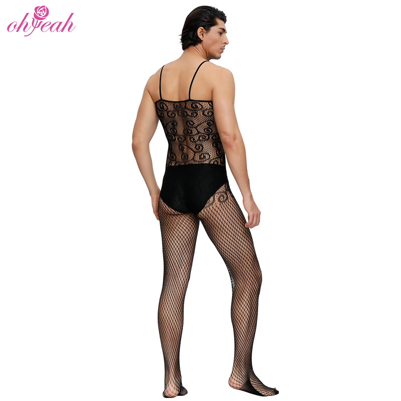 Wholesale See Through Mens Sexy Underwear Open Crotch Sheer Floral Pattern Mesh Nylon Bodystocking Men Erotic Gay Lingerie