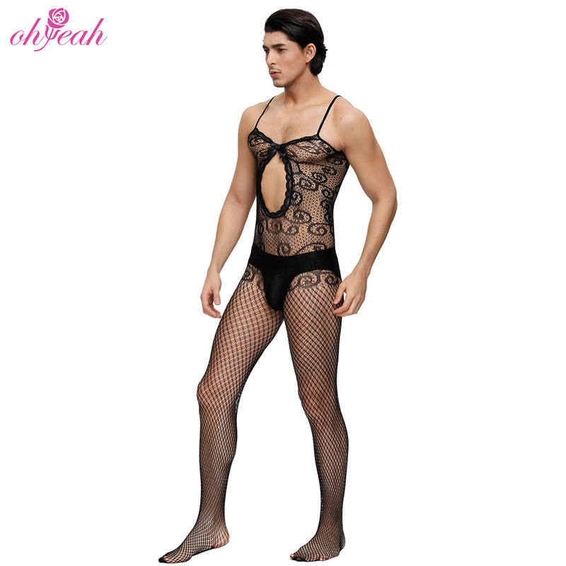 Wholesale See Through Mens Sexy Underwear Open Crotch Sheer Floral Pattern Mesh Nylon Bodystocking Men Erotic Gay Lingerie