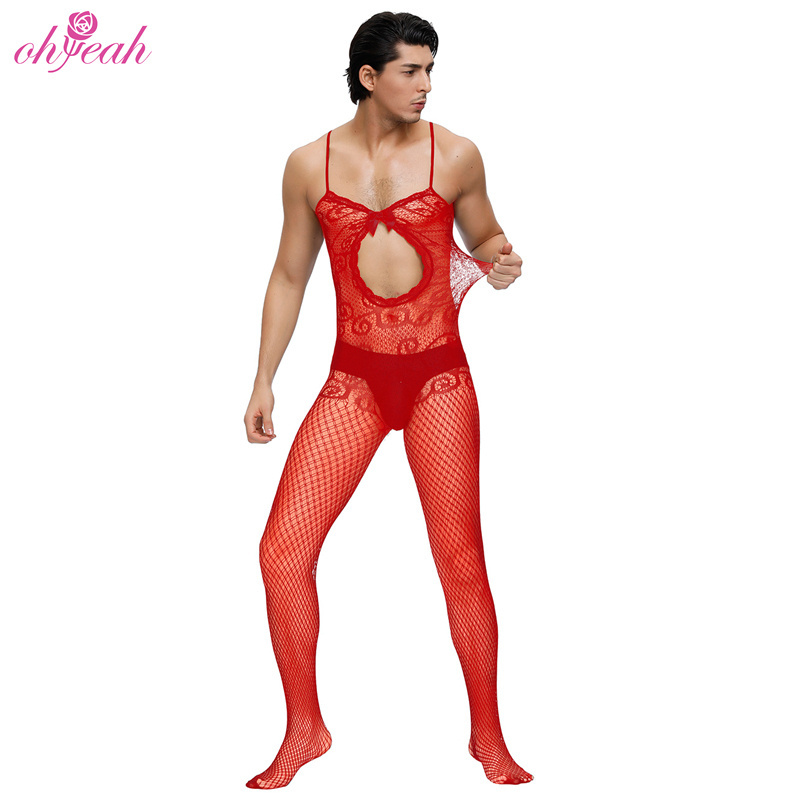 Wholesale See Through Mens Sexy Underwear Open Crotch Sheer Floral Pattern Mesh Nylon Bodystocking Men Erotic Gay Lingerie