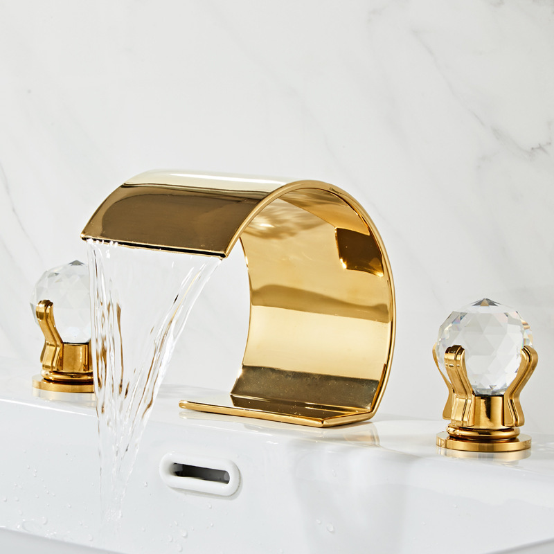 Luxury Bathtub Waterfall Faucet Dual Crystal Handle Gold Bathtub Faucet Wall Mounted Gold Toilet Bathtub Faucet