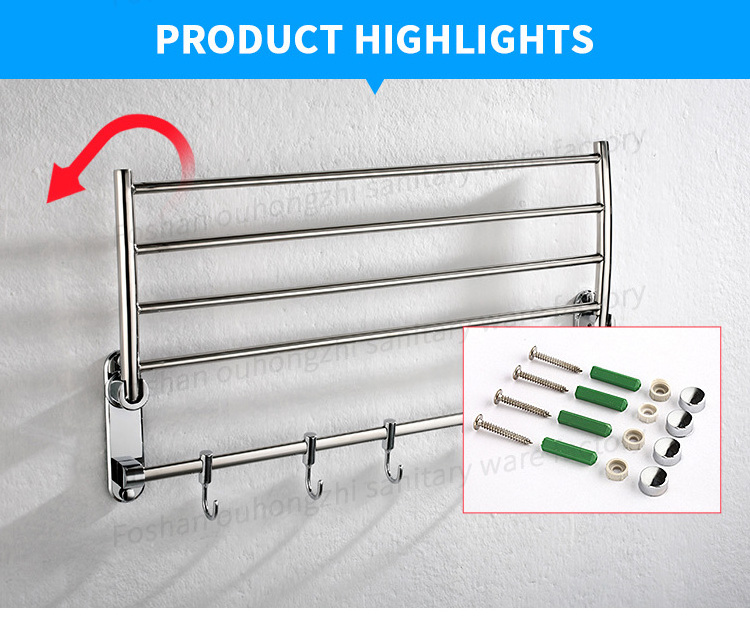 Wall Mounted  Stainless Steel expandable Towel Rack with 5 Sliding Hooks in bathroom