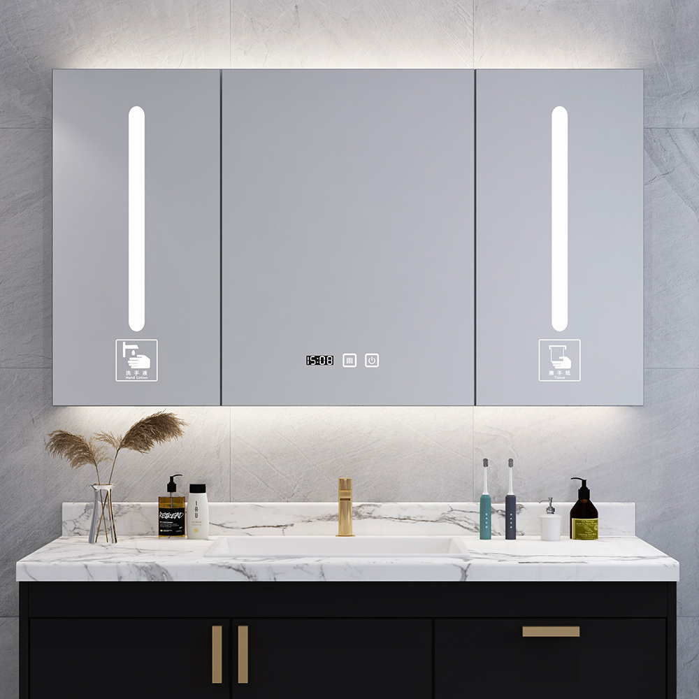 Bathroom Vanities Multi-Functional Stainless Steel Waterproof Anti-Fog LED Mirror Cabinet Black Bathroom Vanity Set