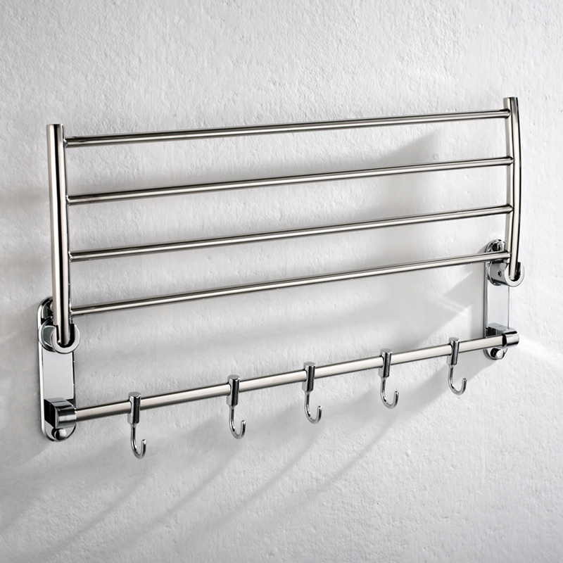 Wall Mounted  Stainless Steel expandable Towel Rack with 5 Sliding Hooks in bathroom