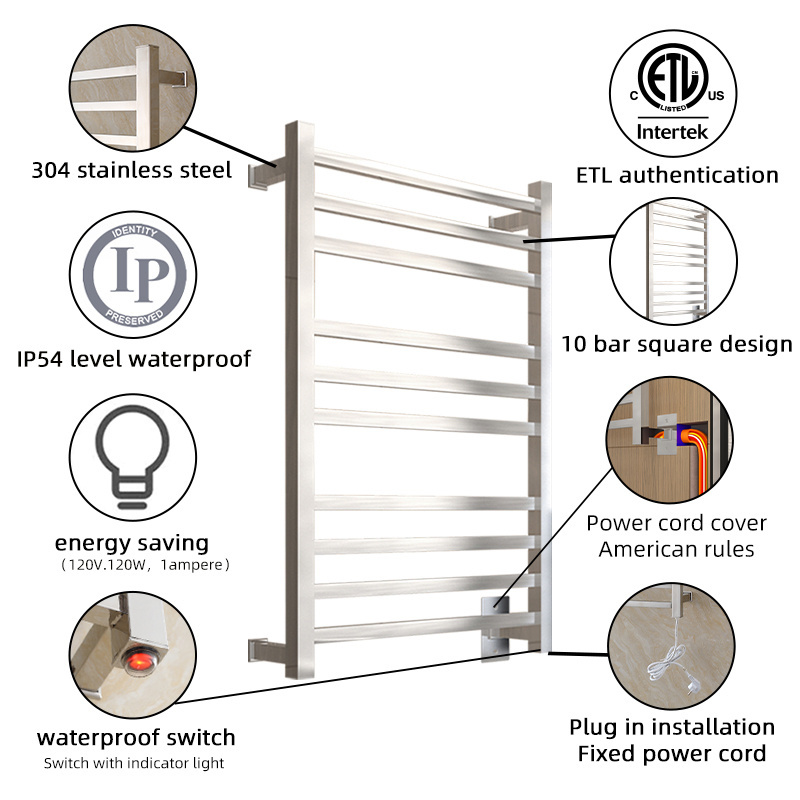 Hardwired/Plug-in 304 Stainless Steel Towel Racks Wall Mounted Spa Towel Warmer Heated Towel Rack