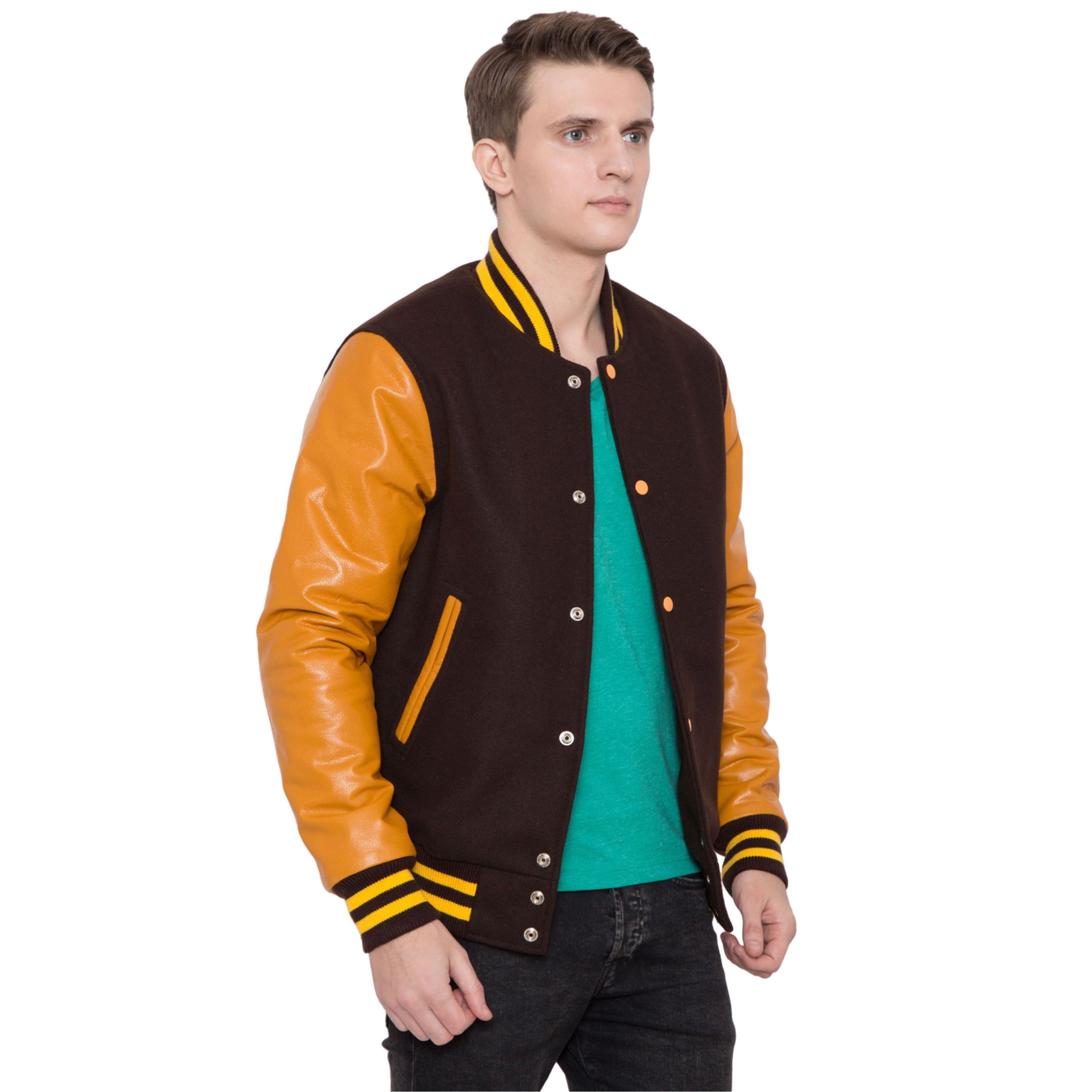 Dark Brown & Orange Letterman Varsity Jacket with 100% Cashmere Wool Body and Genuine Cowhide Leather Sleeves Custom Logo Print