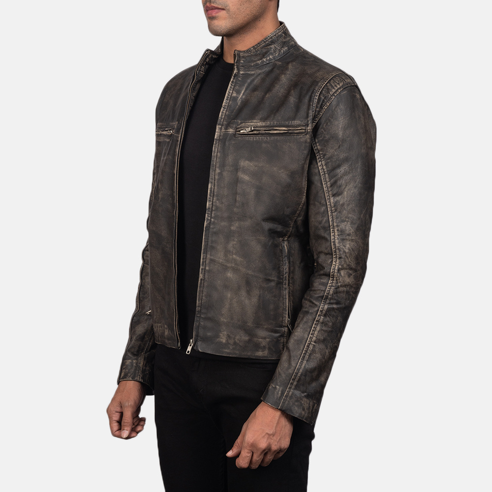 Real Leather Sheepskin Aniline Zipper Iconic Distressed Brown Men Biker Jacket with Quilted Viscose Lining Inside Outside Pocket