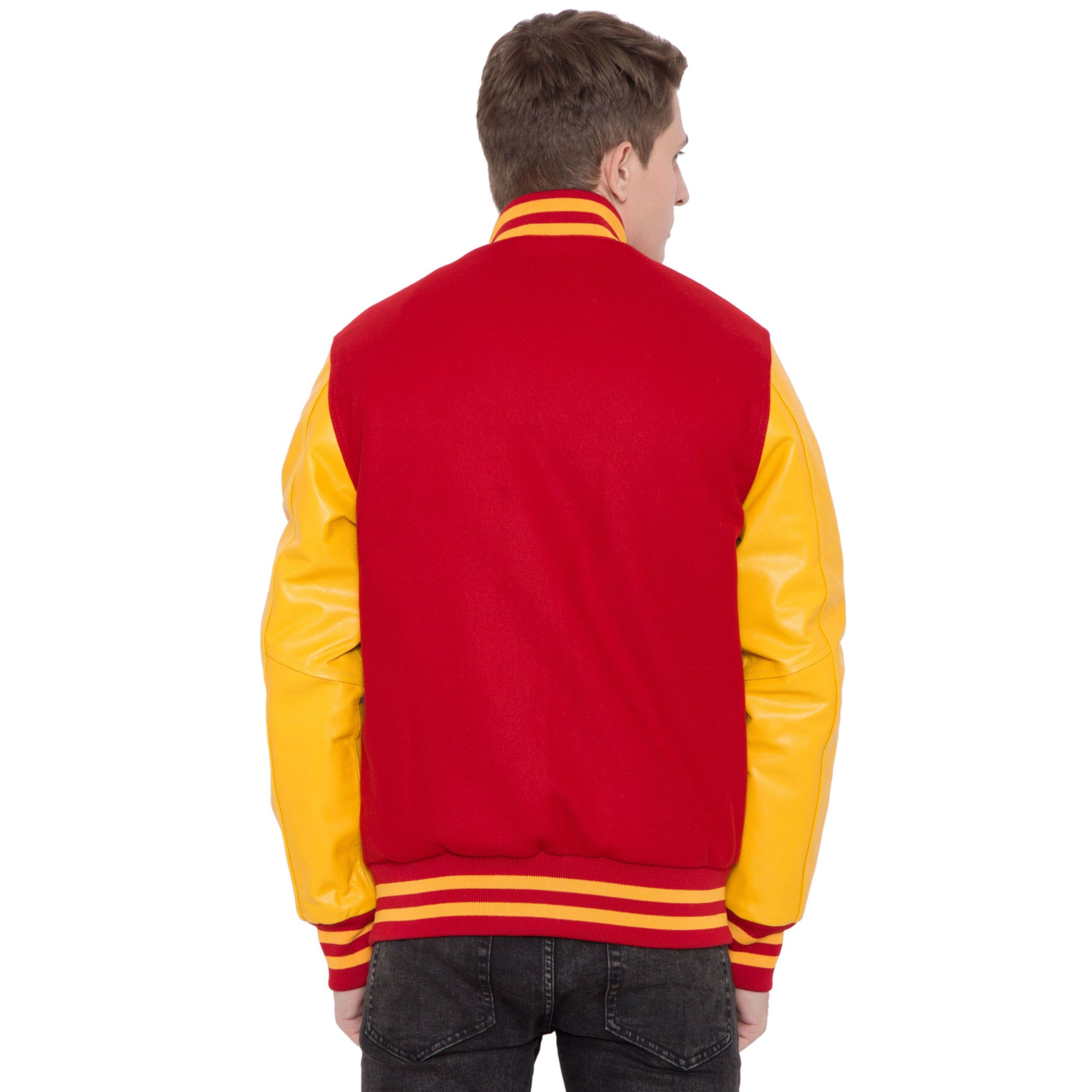 100% Cashmere Wool Body and Genuine Cowhide Leather Sleeves Red & Golden Yellow Letterman Varsity Jacket