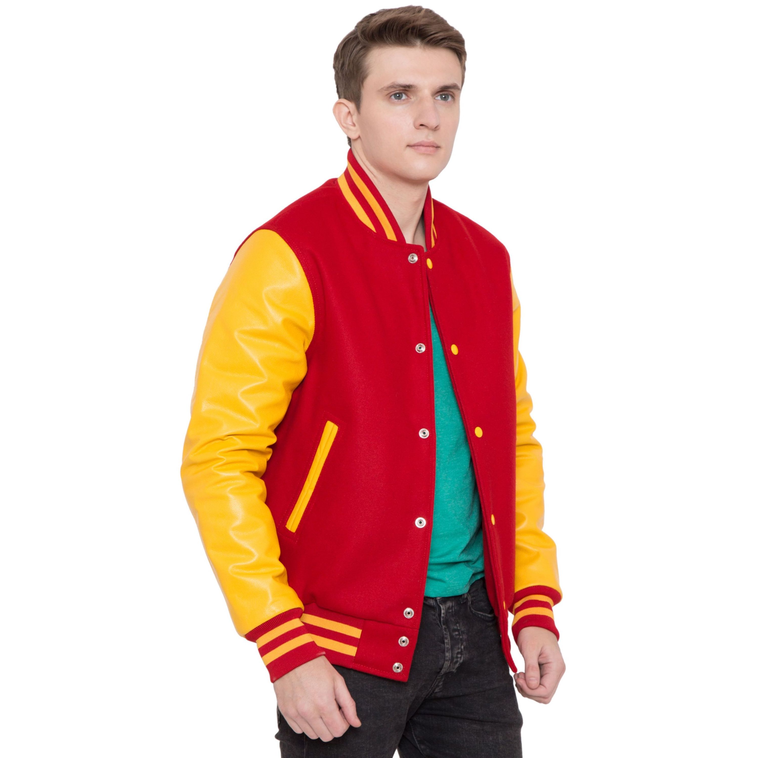 100% Cashmere Wool Body and Genuine Cowhide Leather Sleeves Red & Golden Yellow Letterman Varsity Jacket