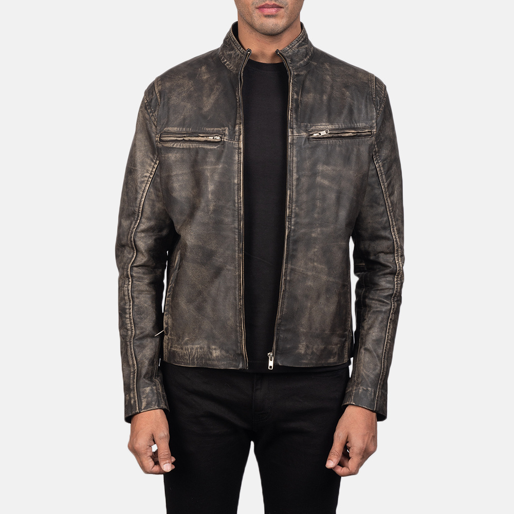 Real Leather Sheepskin Aniline Zipper Iconic Distressed Brown Men Biker Jacket with Quilted Viscose Lining Inside Outside Pocket