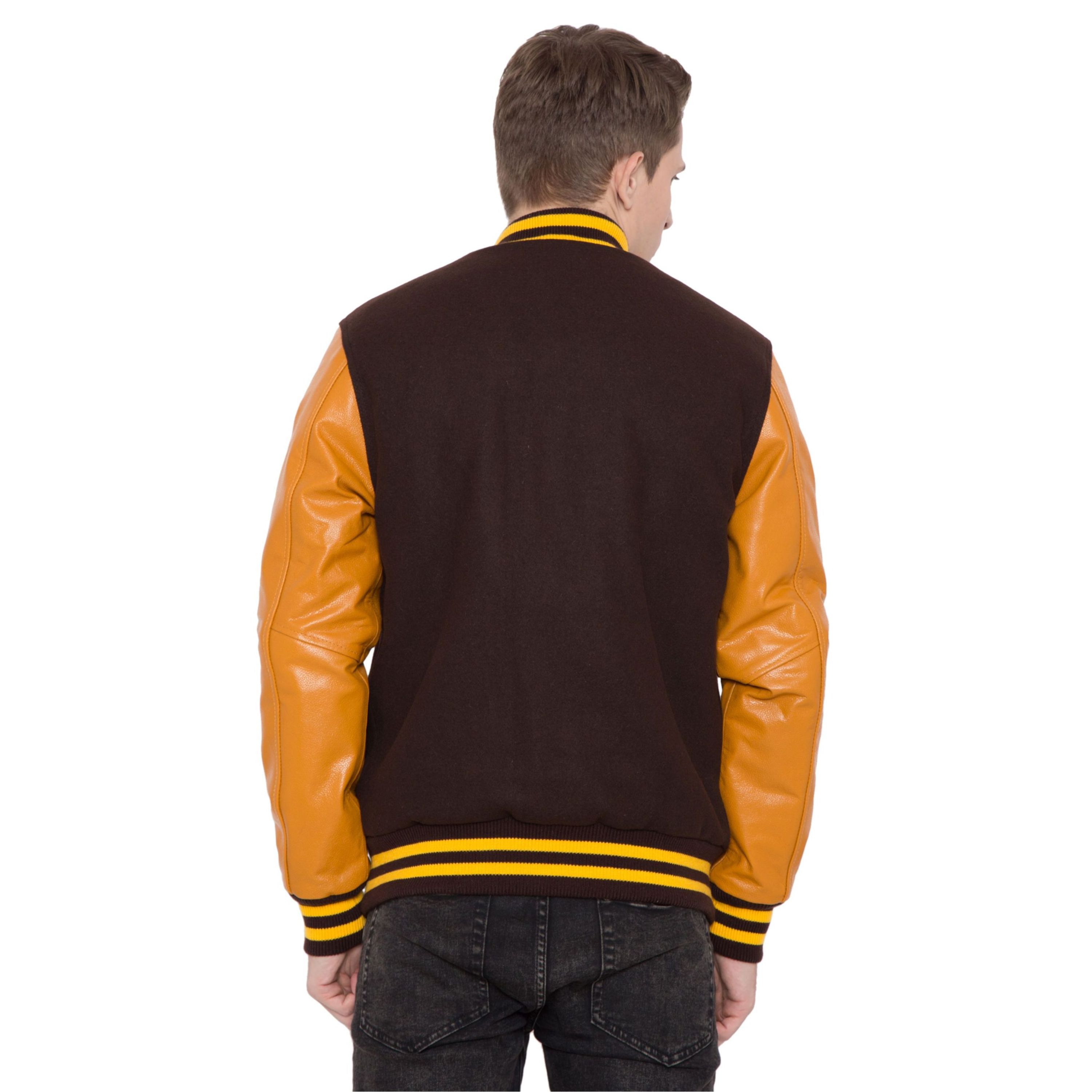 Dark Brown & Orange Letterman Varsity Jacket with 100% Cashmere Wool Body and Genuine Cowhide Leather Sleeves Custom Logo Print