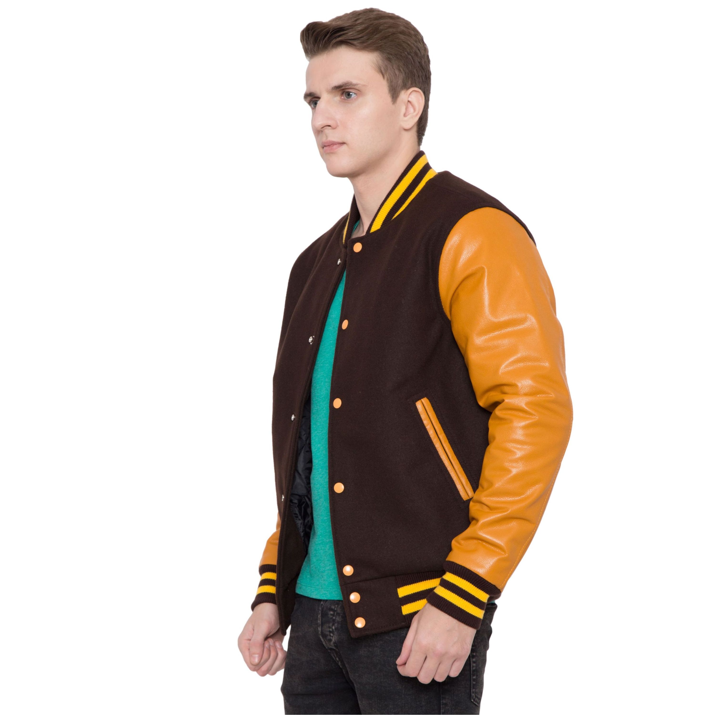 Dark Brown & Orange Letterman Varsity Jacket with 100% Cashmere Wool Body and Genuine Cowhide Leather Sleeves Custom Logo Print