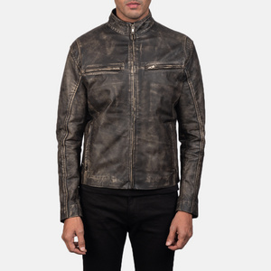 Real Leather Sheepskin Aniline Zipper Iconic Distressed Brown Men Biker Jacket with Quilted Viscose Lining Inside Outside Pocket