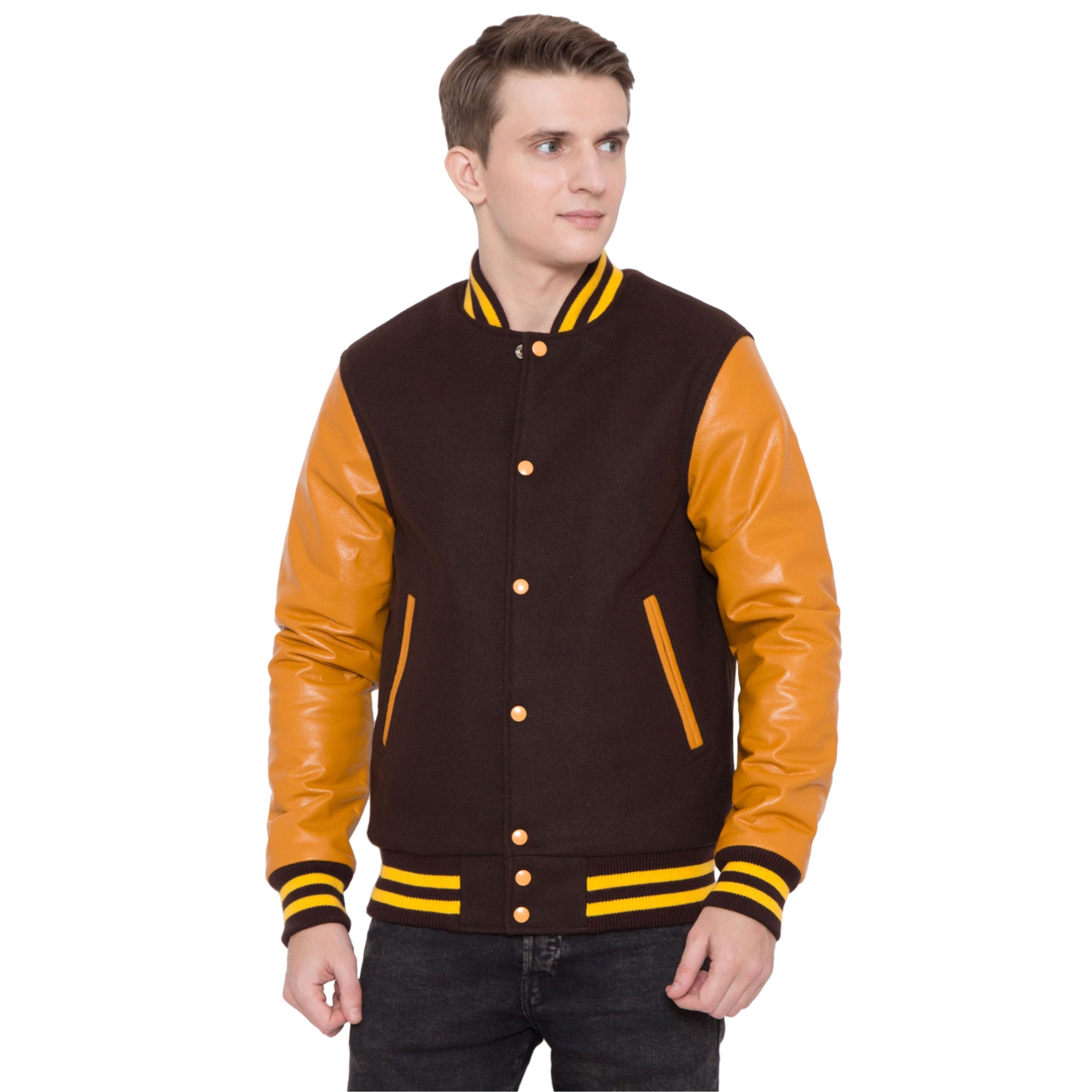 Dark Brown & Orange Letterman Varsity Jacket with 100% Cashmere Wool Body and Genuine Cowhide Leather Sleeves Custom Logo Print