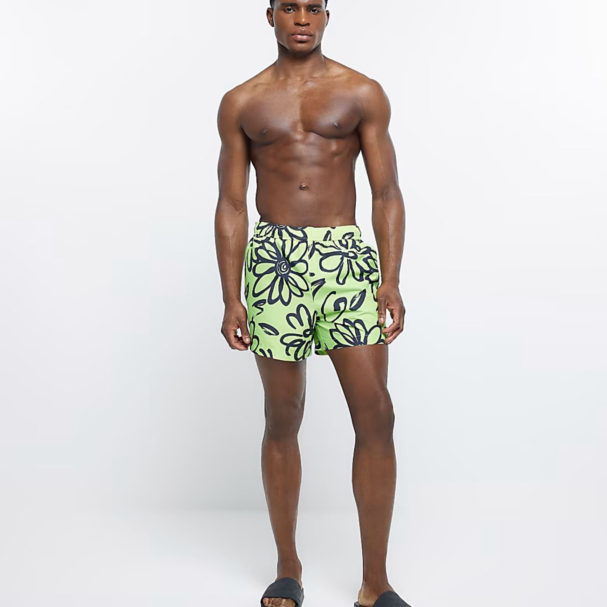 Regular Fit 100% Nylon Polyamide Side Slip Pockets Elasticated Waist Lime Floral Regular Fit Iridescent Swim Shorts