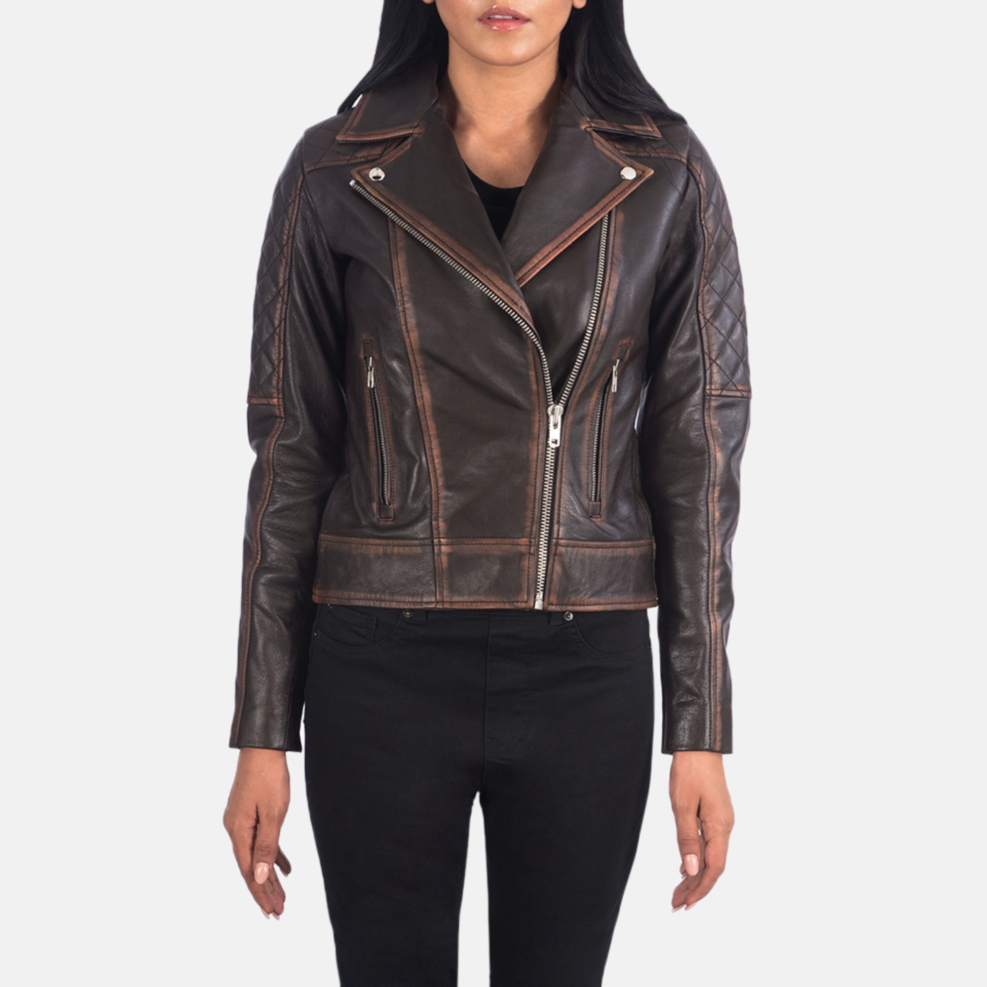 Real Leather Sheepskin Aniline Zipper Carolyn Quilted Vintage Brown Women Biker Jacket with Quilted Viscose Lining and Inside Ou