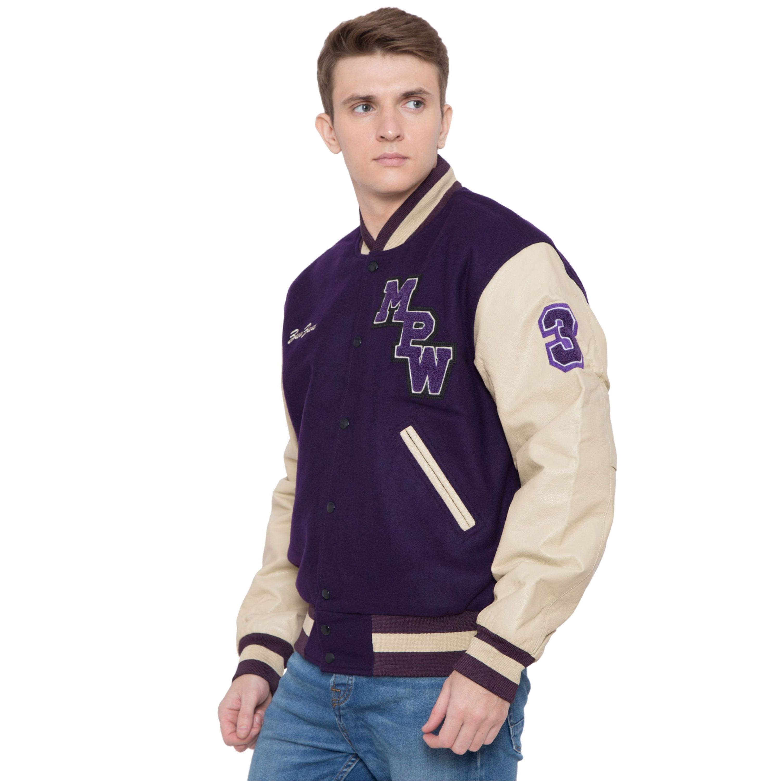 100% Cashmere Wool Body and Genuine Cowhide Leather Sleeves Dark Purple & Cream Letterman Varsity Jacket