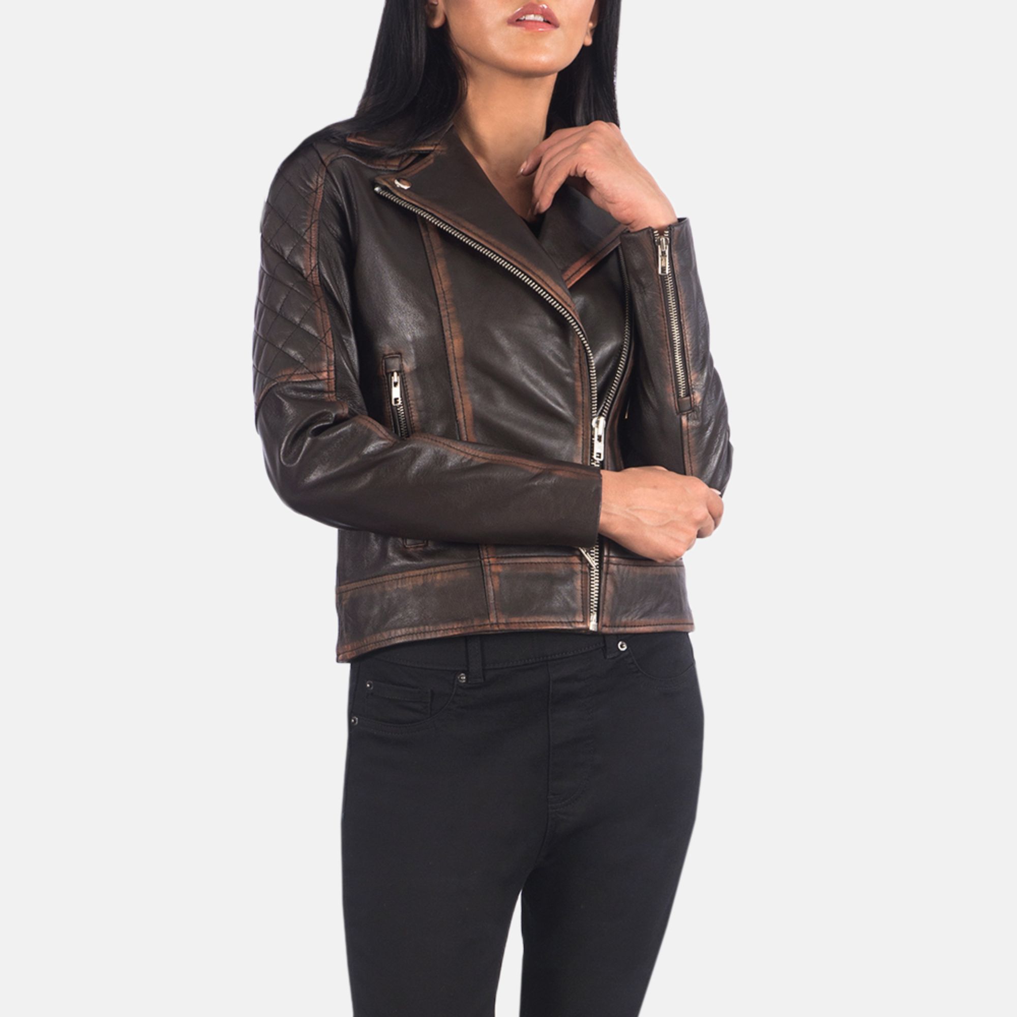 Real Leather Sheepskin Aniline Zipper Carolyn Quilted Vintage Brown Women Biker Jacket with Quilted Viscose Lining and Inside Ou