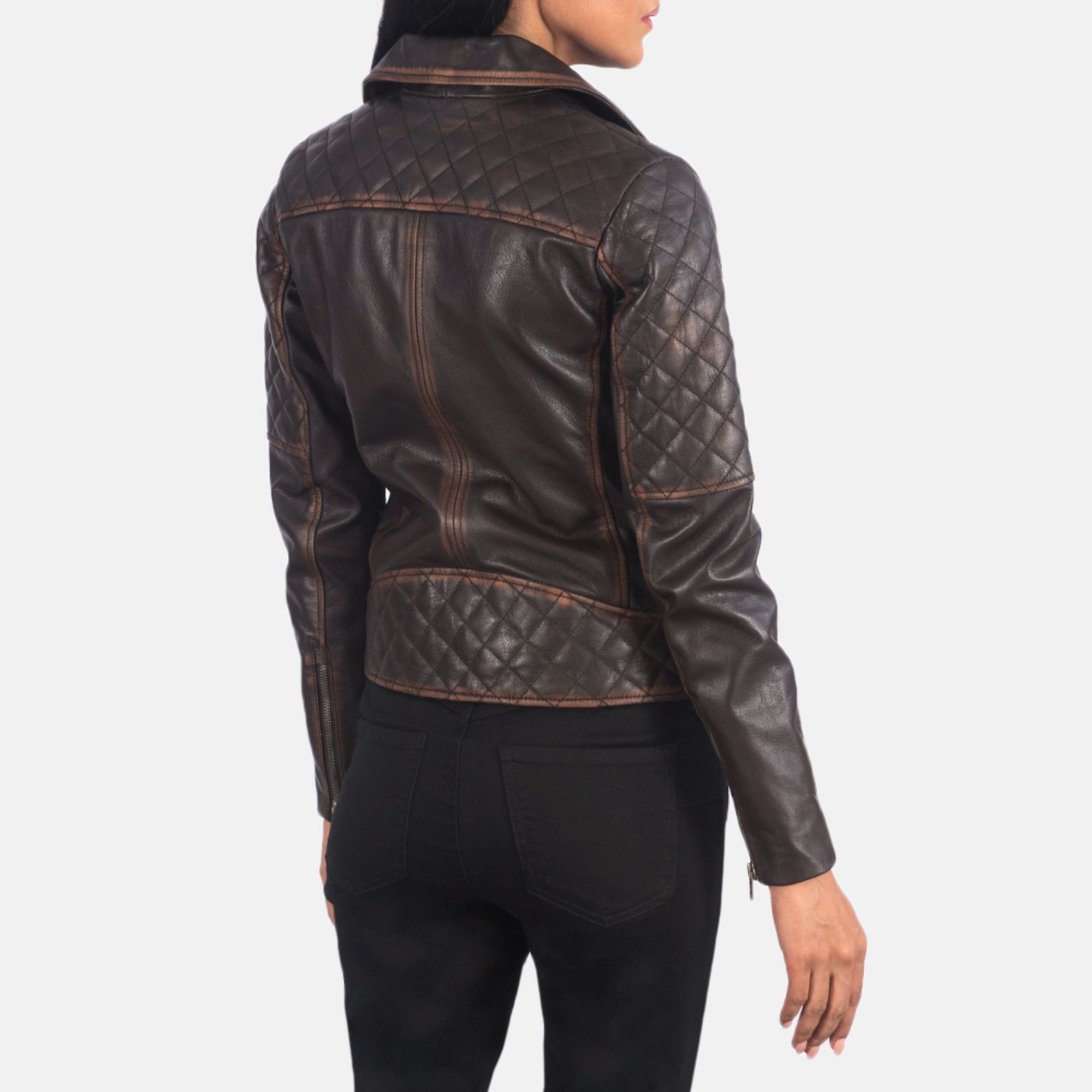 Real Leather Sheepskin Aniline Zipper Carolyn Quilted Vintage Brown Women Biker Jacket with Quilted Viscose Lining and Inside Ou