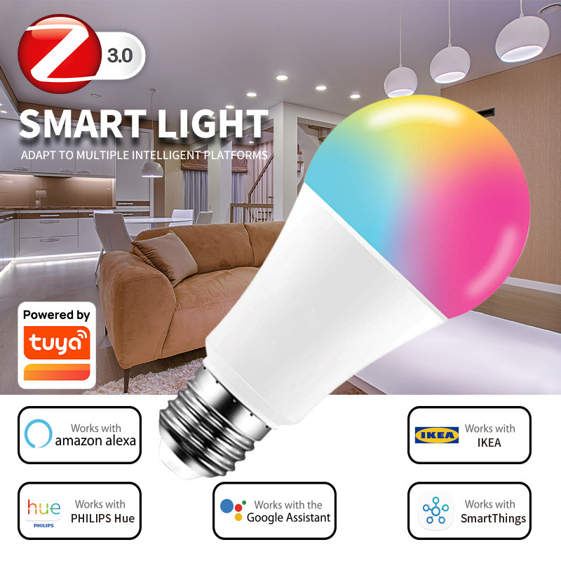 2023 New Color Changing Tuya wifi,Zigbee Alexa Lamp  Light Bulb 9W Rgb Multicolor E26/E27/B22 Zigbee  Led Smart Bulb