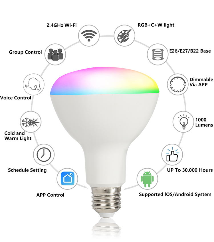 BR30 door lighting Smart WiFi LED Light Bulbs Compatible with Alexa and Google Home RGB+CW 12W Smart bulb