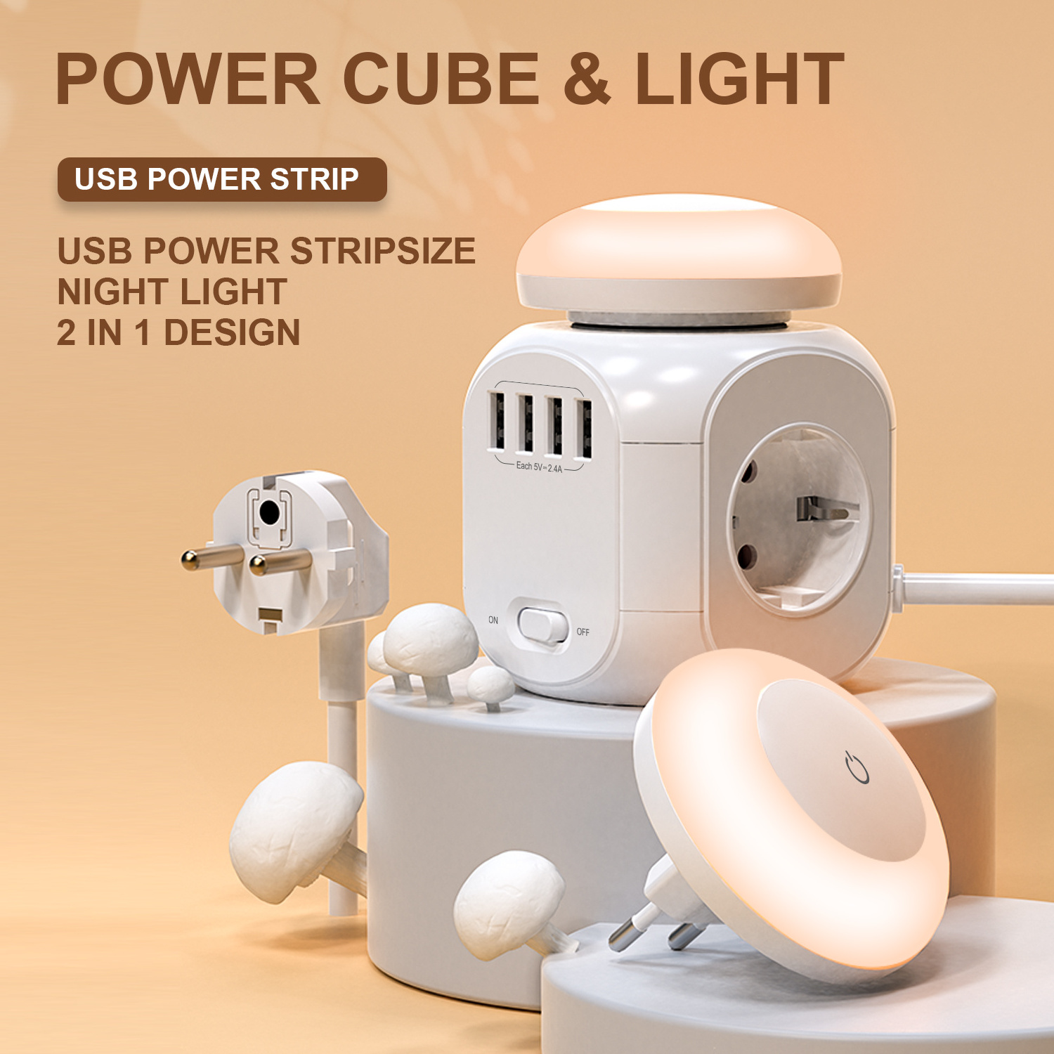 Portable travel EU power cube socket 4 way outlet 4 USB charging port with night light