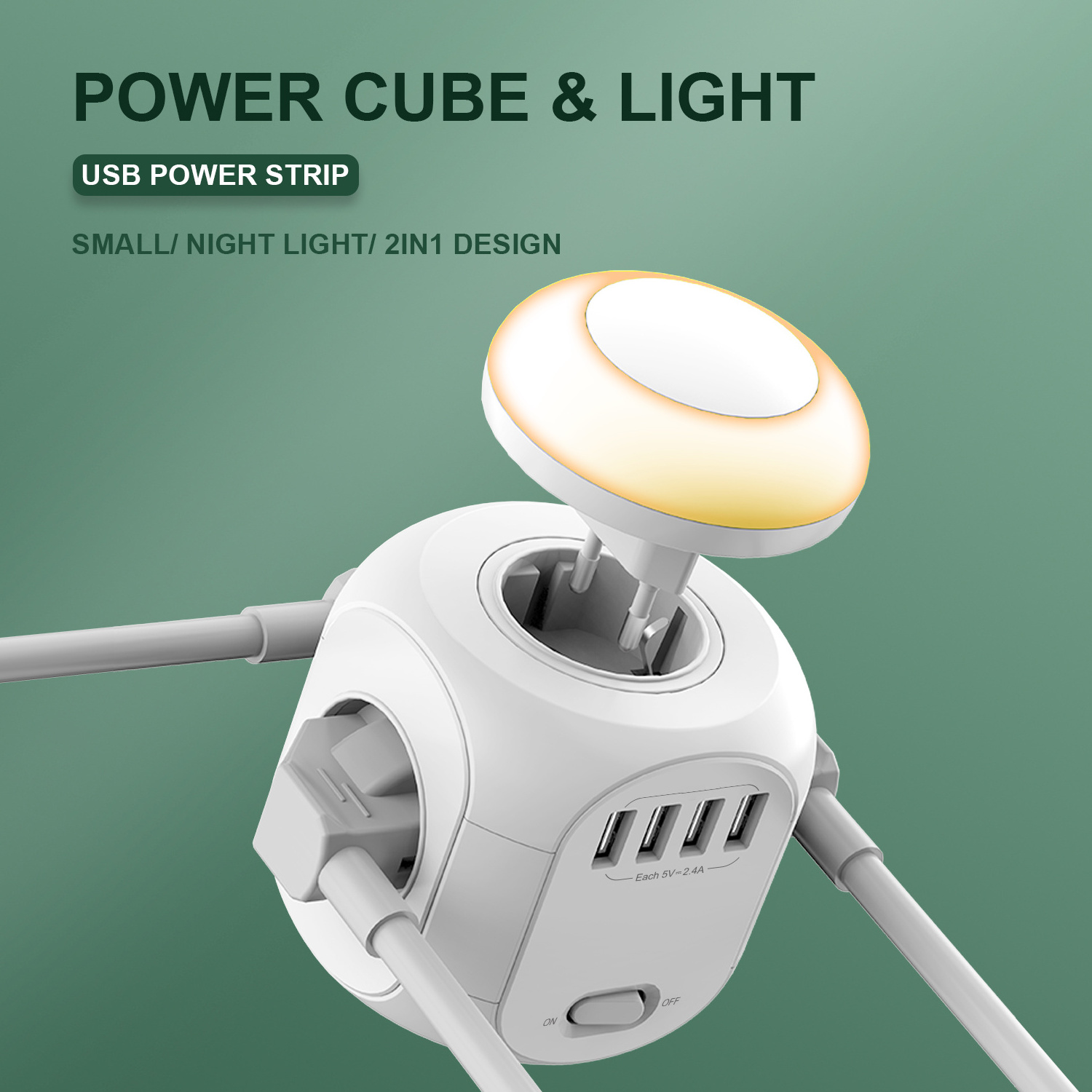 Portable travel EU power cube socket 4 way outlet 4 USB charging port with night light