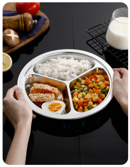 Hot Selling 304 stainless steel 3 compartments fast food tray Side dish school canteen baby plate