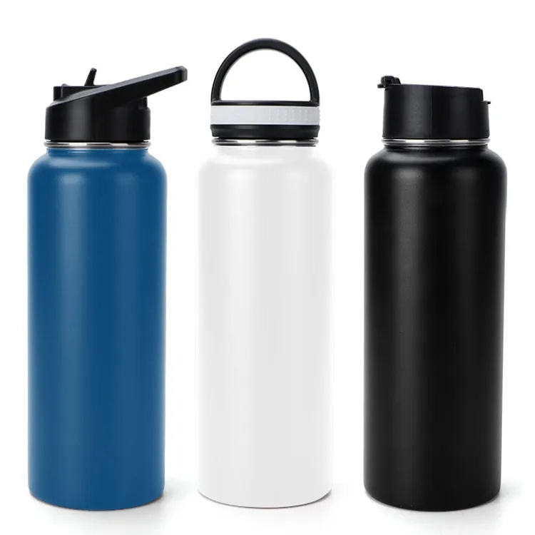 32oz Double Wall Wide Mouth Stainless Steel Water Bottle with Straw Sports Canteen Great for Hiking & Biking