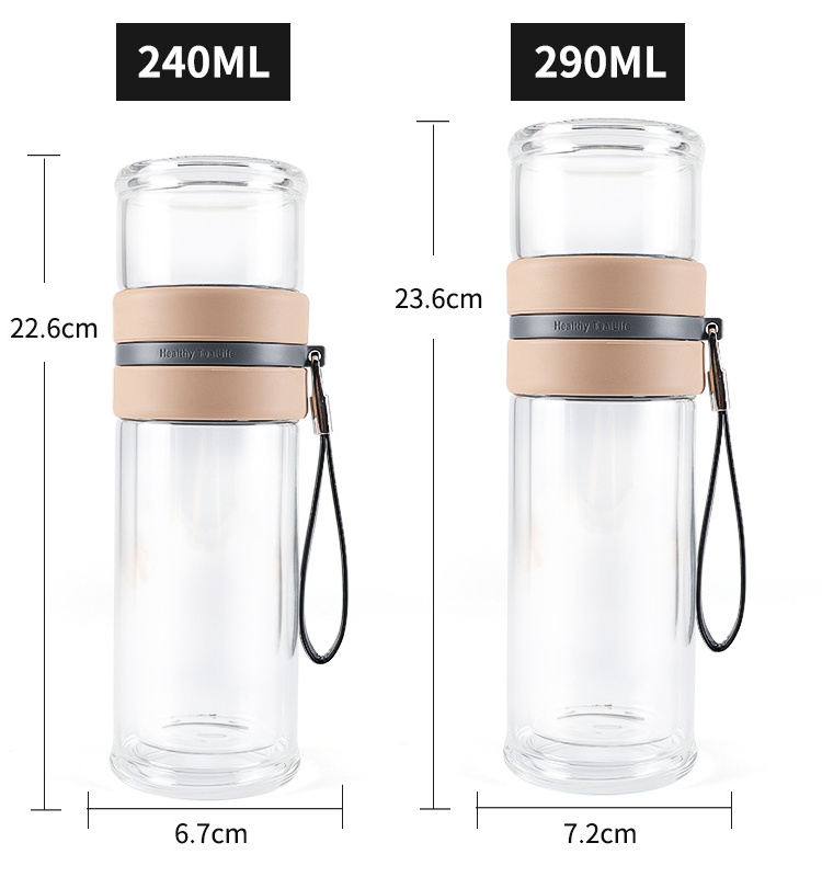 High Borosilicate Glass Double Wall Tea Infuser Water Bottle with Stainless Steel Strainer