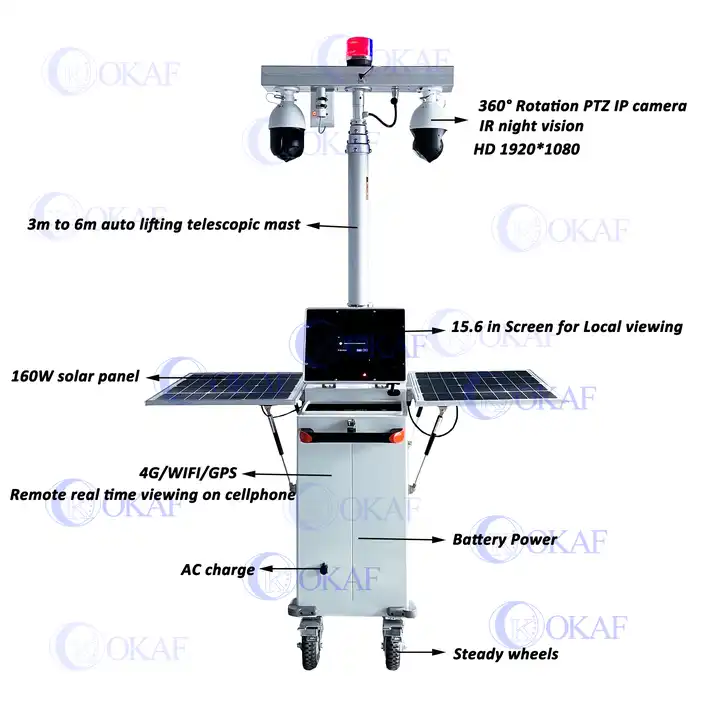 Lithium Ion BatteryLead Acid Battery mobile solar CCTV surveillance trailer