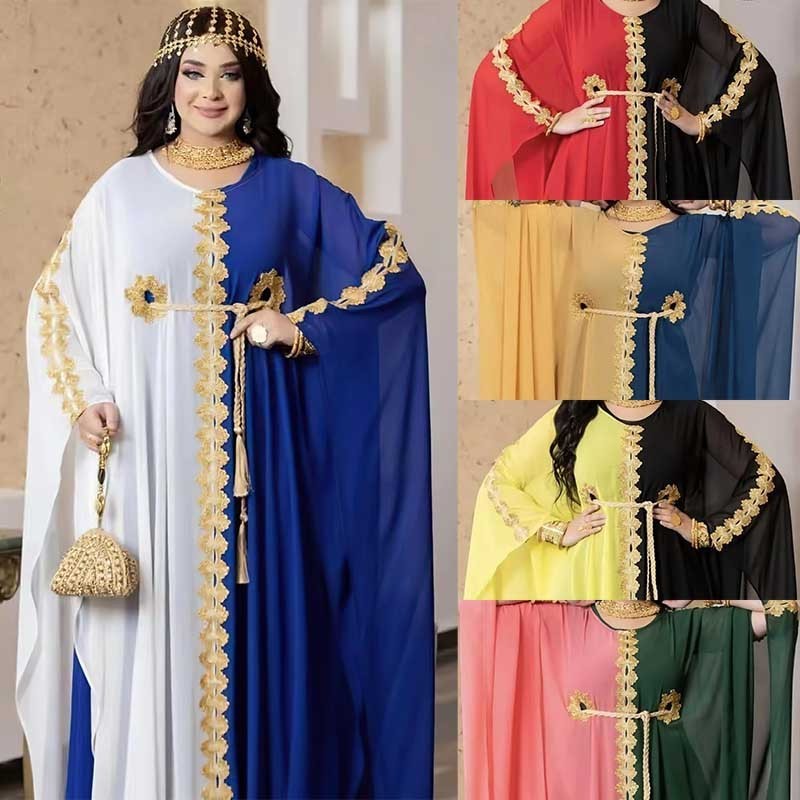 Chiffon Colour Blocking Laced Vintage Gown Turkish Dresses For Women Loose New Abaya Women Muslim Dress Burqa Abaya Dubai