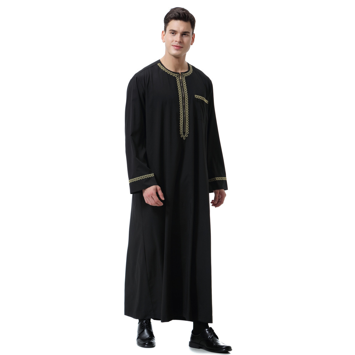 Middle East Zipper Round Neck Embroidery Robes Islamic Clothing Muslim Abaya Moroccan Thobe For Men