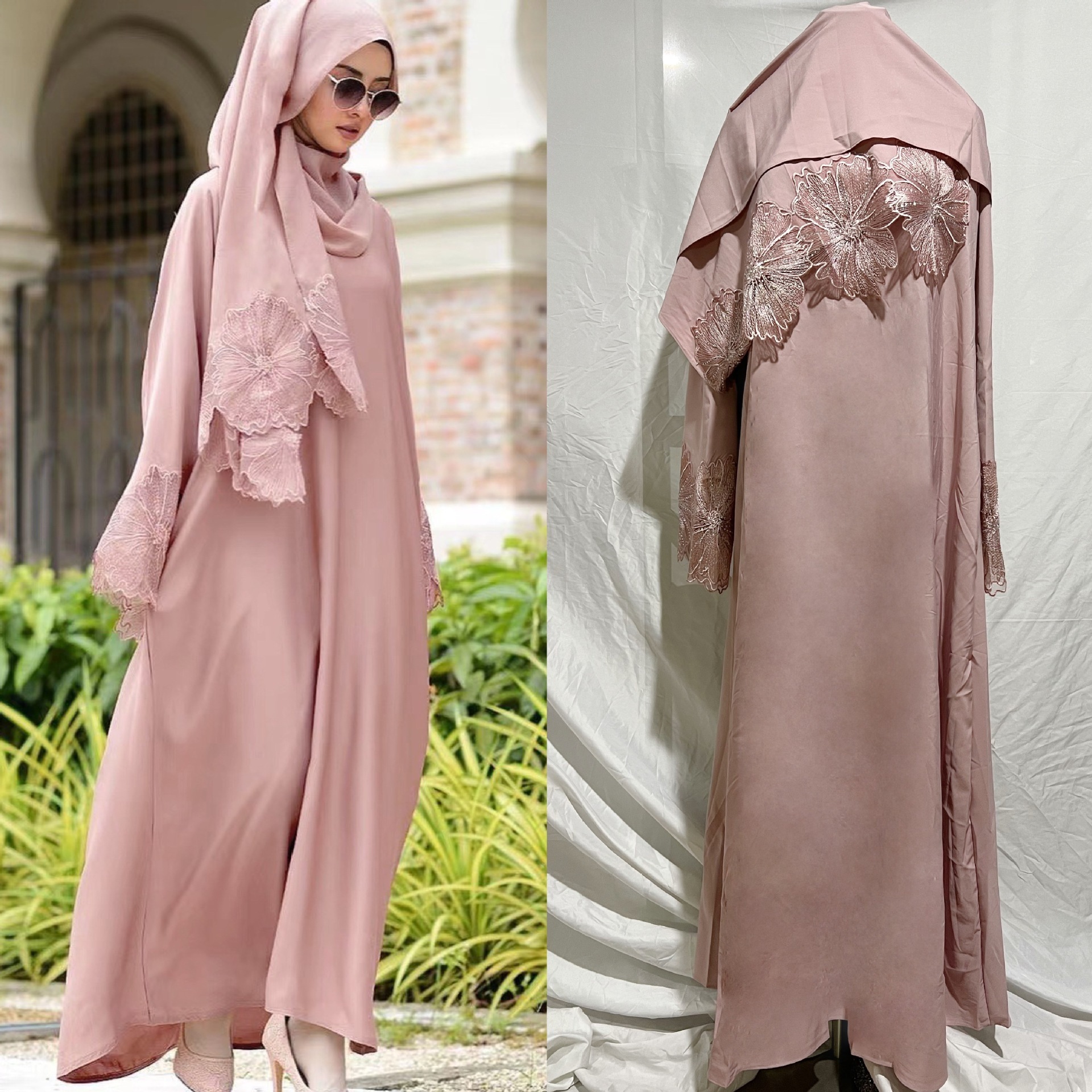 Middle Eastern Solid Women'S Gown Dress With Hijab Muslim Wedding Dress With Hijab Elegant