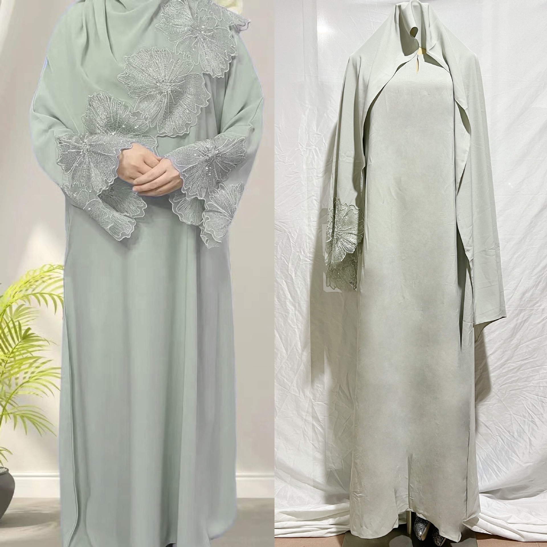 Middle Eastern Solid Women'S Gown Dress With Hijab Muslim Wedding Dress With Hijab Elegant