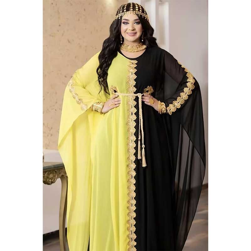 Chiffon Colour Blocking Laced Vintage Gown Turkish Dresses For Women Loose New Abaya Women Muslim Dress Burqa Abaya Dubai