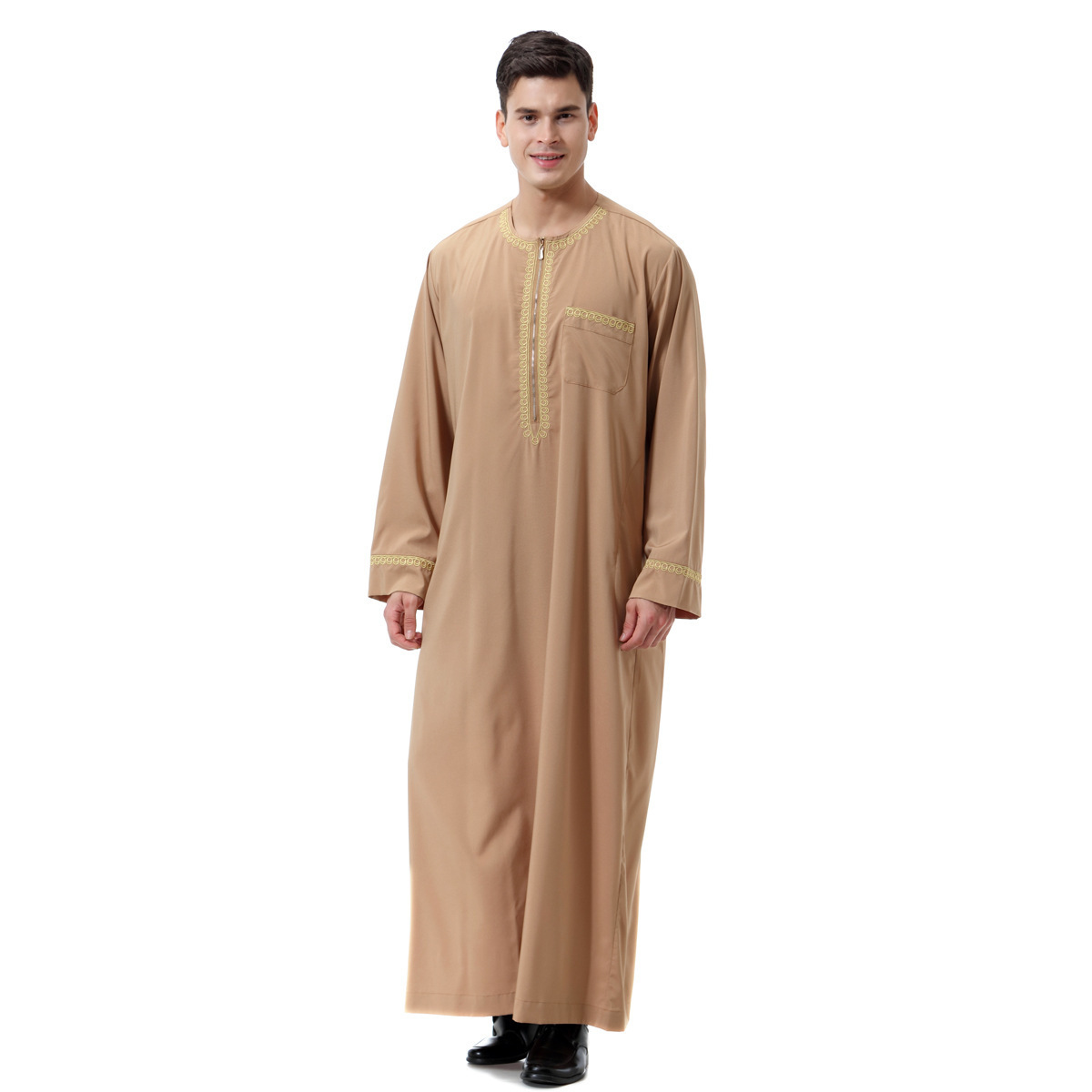 Middle East Zipper Round Neck Embroidery Robes Islamic Clothing Muslim Abaya Moroccan Thobe For Men