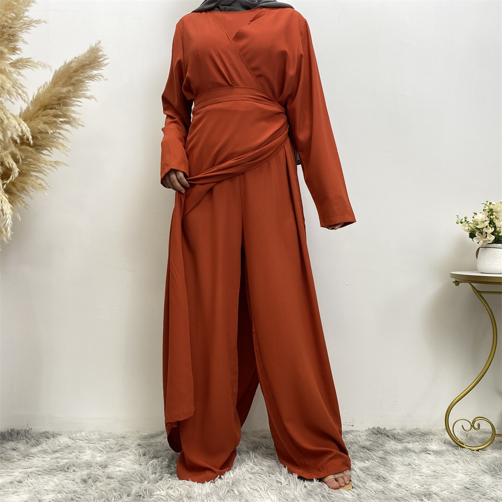 Casual Solid Color One-Piece Wide-Legged Pants Islamic Clothing Two Piece Pants Suit Women'S Arabian Dress Pants Set