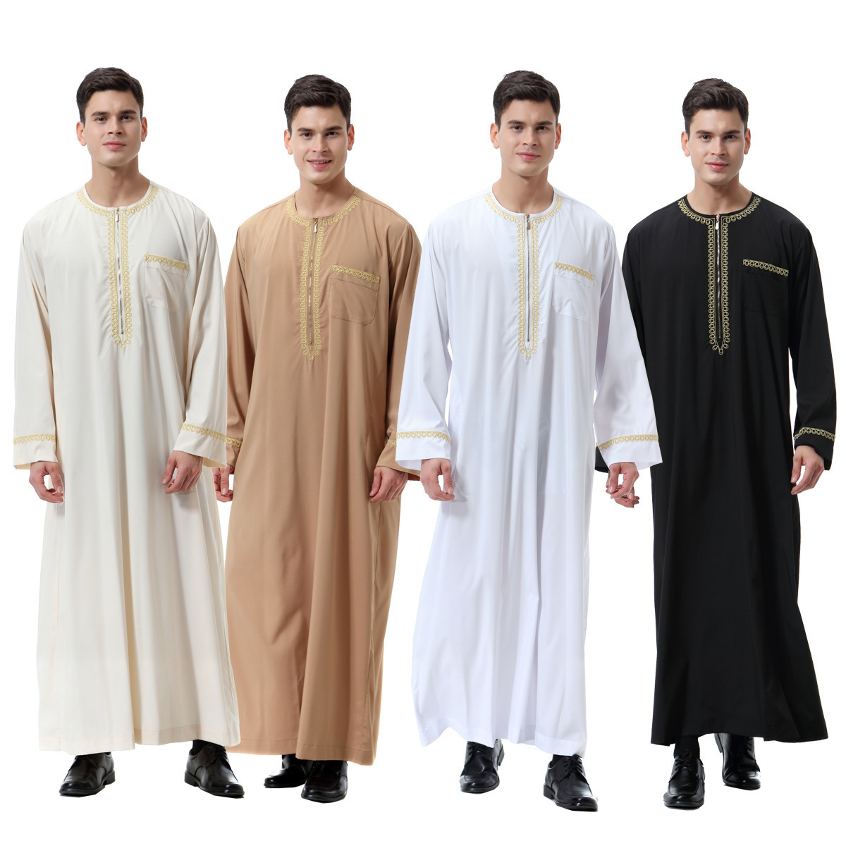 Middle East Zipper Round Neck Embroidery Robes Islamic Clothing Muslim Abaya Moroccan Thobe For Men