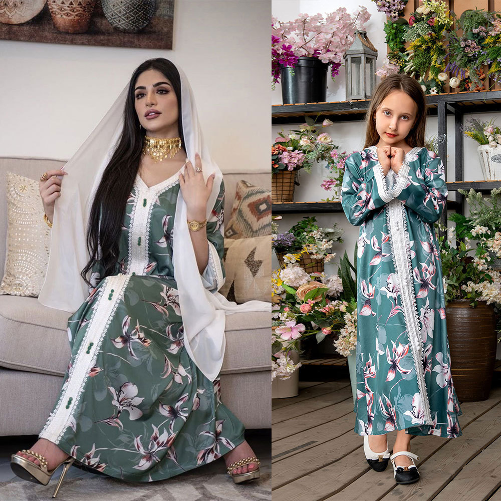 Green Floral Print Mother-Daughter Wear ramadan eid kaftan dresses for women online  designs abaya turkey