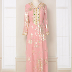 Fashion Muslim Stamped Robe With Belt Pink Dress Abaya Women Muslim Dress Pink Abaya