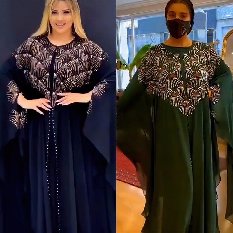 Middle Eastern Muslim Heavy-Duty Beaded Robe Plus Size 2023 Islamic Modern Chiffon Umbrella Abaya Dubai Burqa Designs Abaya