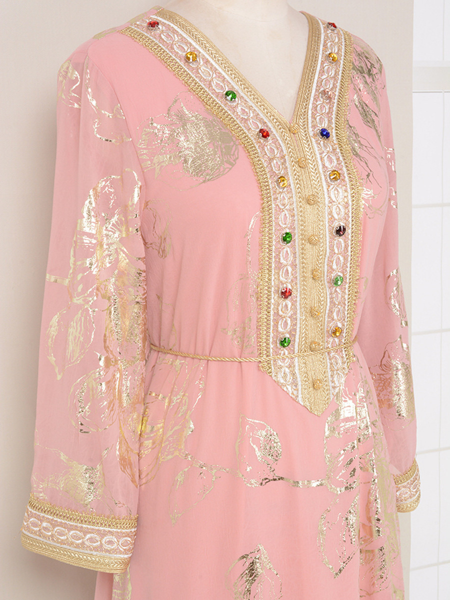 Fashion Muslim Stamped Robe With Belt Pink Dress Abaya Women Muslim Dress Pink Abaya