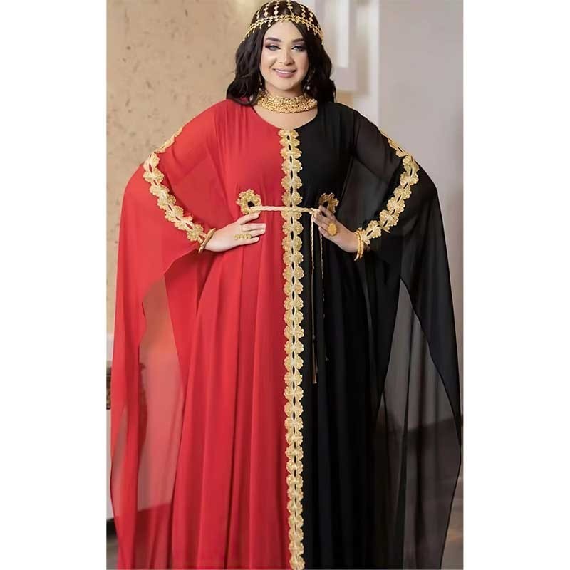 Chiffon Colour Blocking Laced Vintage Gown Turkish Dresses For Women Loose New Abaya Women Muslim Dress Burqa Abaya Dubai