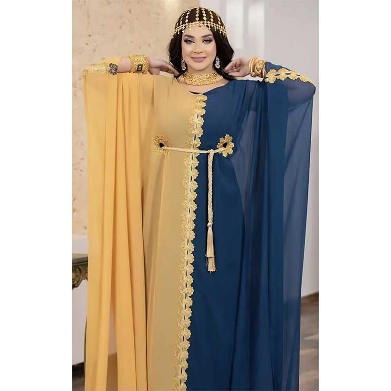 Chiffon Colour Blocking Laced Vintage Gown Turkish Dresses For Women Loose New Abaya Women Muslim Dress Burqa Abaya Dubai